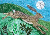 Mosaic art by Sue Kershaw, Mosaic Artist hare and moon