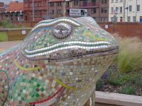 Mosaic commission 'Larkin 25' mosaic toad by Sue Kershaw