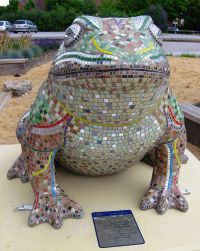 Mosaic commission 'Larkin 25' mosaic toad by Sue Kershaw