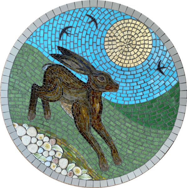 Spring hare mosaic by mosaic artist Sue Kershaw