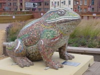 Mosaic commission 'Larkin 25' mosaic toad by Sue Kershaw, Mosaic Artist