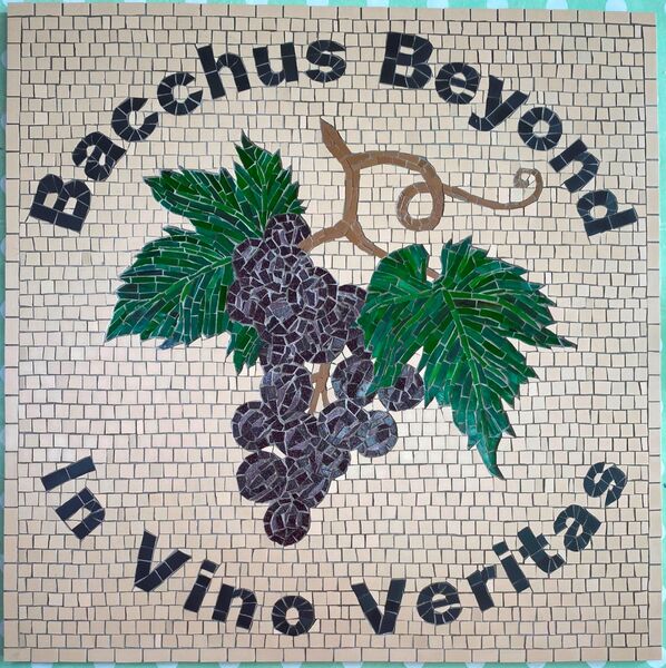 Mosaic commission Bacchus Beyond for wine merchant's shop by Sue Kershaw, mosaic artist
