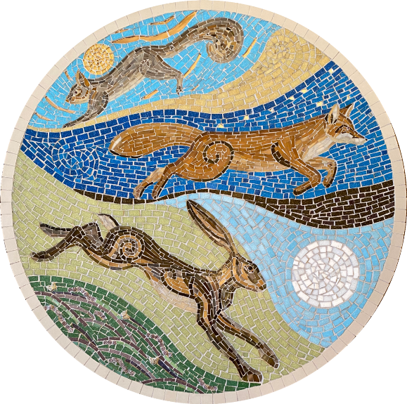 Fox, hare and squirrel mosaic by mosaic artist Sue Kershaw