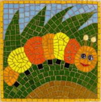 caterpillar mosaic as part of a School mosaic commission by Sue Kershaw, mosaic artist