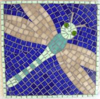 Dragonfly mosaic as part of a School mosaic commission by Sue Kershaw, mosaic artist