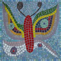 Butterfly mosaic as part of a School mosaic commission by Sue Kershaw, mosaic artist
