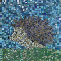 Hedgehog mosaic as part of a School mosaic commission by Sue Kershaw, mosaic artist