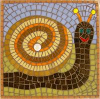 Snail mosaic created as School mosaic commission by Sue Kershaw, mosaic artist