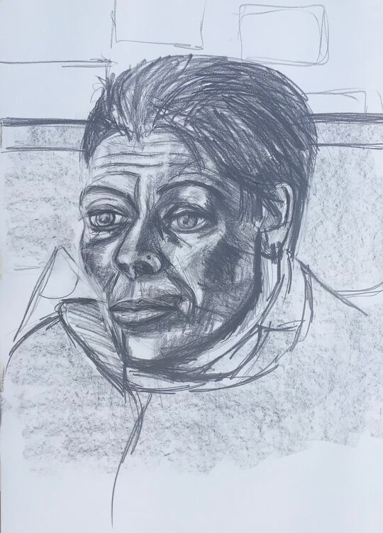 Discussing, drawing, drinking (tea); a portrait sketch of Catherine.