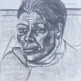 Discussing, drawing, drinking (tea); a portrait sketch of Catherine.