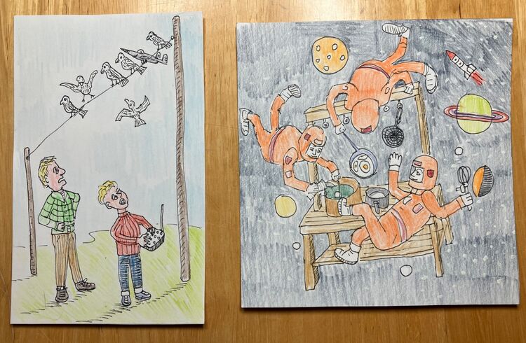 two birthday cards: ‘Drone Among The Pigeons’ and ‘The Mud Kitchen in Orbit.’