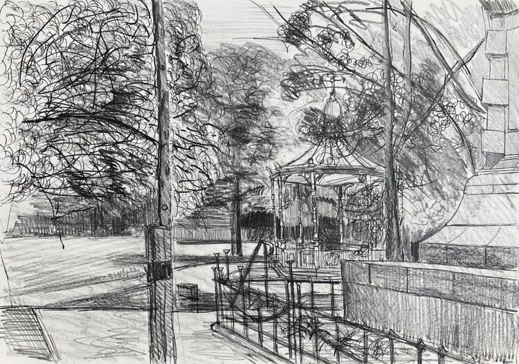 The bandstand and the plinth of the Boer War Memorial, Wilton Lodge Park, Hawick, Scotland.