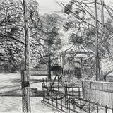The bandstand and the plinth of the Boer War Memorial, Wilton Lodge Park, Hawick, Scotland.