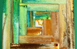 Log cabin collage 'earth' 7" x 7" watercolour paper and embroidery