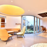 Modern interior photo, circular skylight, 4light bright decor