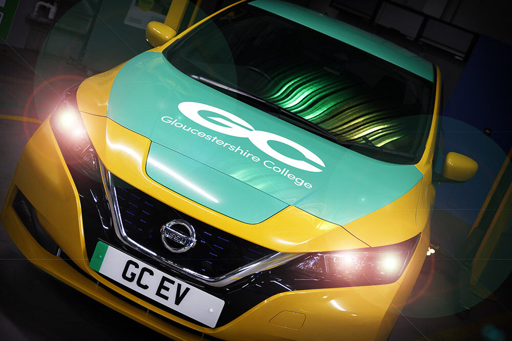 Nissan Leaf EV car at Gloucestershire College, Gloucester editorial portrait photography by Thousand Word Media Gloucestershire