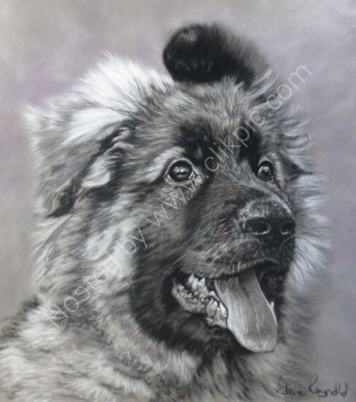 A black and white painting of a GSD Puppy