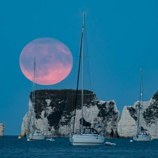 Sturgeon Moon rising at Old Harry Rocks