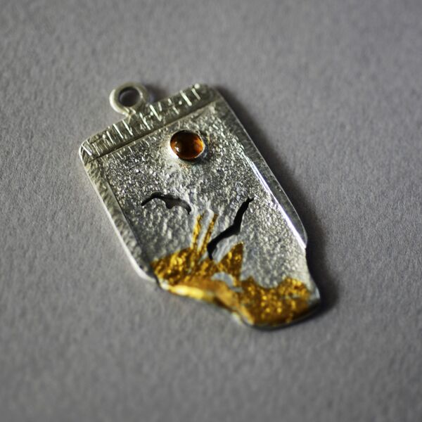 N18038 - Pendant - Reticulated silver with gold, birds & citrine stone