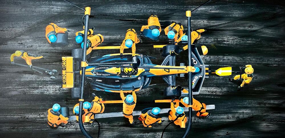 McLaren Pit Stop. Oil on plywood. 36 x 18