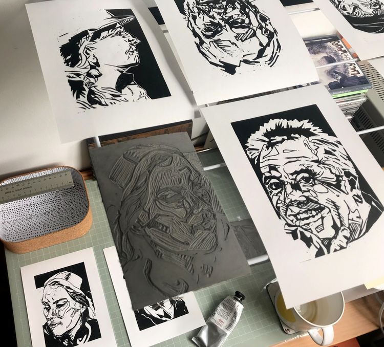 Lino printing process - portraits of the Five Deeps Expedition crew