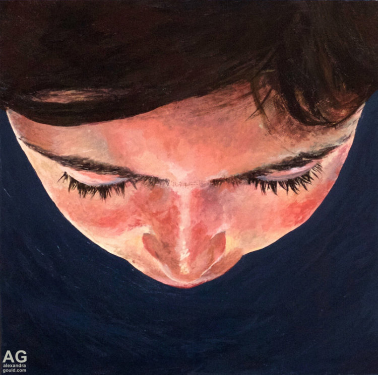 'Gravity' Painting of top of a girls head by Alexandra Gould