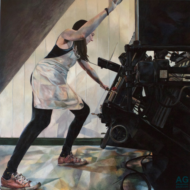 Painting of Suzanne and her Letterpress by Alexandra Gould
