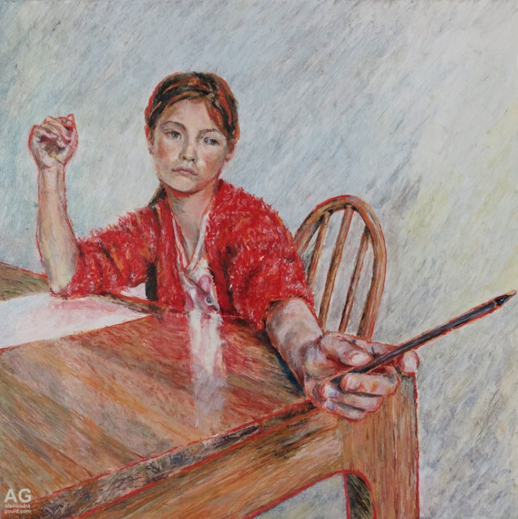 Painting of Girl at a desk by Alexandra Gould