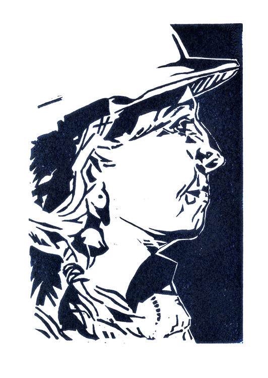 Lino print in Prussian Blue of the Geologist aboard the Five Deeps Expedition