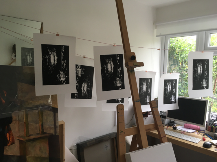 JBA Lino prints drying on string
