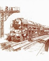 Monochrome print of a pencil drawing of the steam train Atlantic Coast Express in Sepia colour.