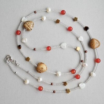 Long Necklace with Pearls Gemstones Glass & Sterling Silver Clasp £30