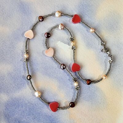 Shell Hearts Pearls Grey Glass & Sterling Silver Clasp £29
