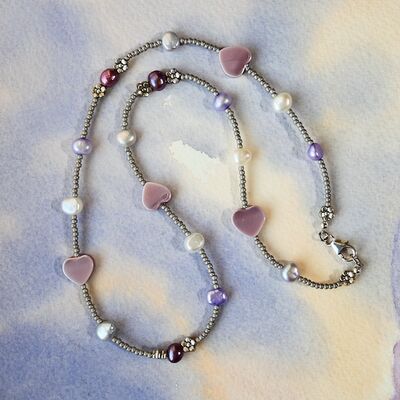 Shell Hearts Pearls Grey Glass & Sterling Silver Clasp £29