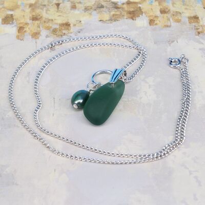 Sea Glass Nugget with Pearl & Sterling Silver Bail & Chain £43