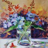 Montbretia and Hydrangeas, 40x40cm, oil on canvas, £675