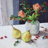 Roses, Pears and Cotoneaster, 35x35cm, oil on canvas (currently unframed, £540, or £595 framed)
