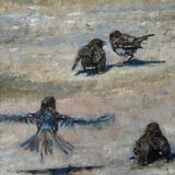 The Bathing Spot A painting of sparrows having a dust bath on a coastal path by Dorset Artist Andrea Hook