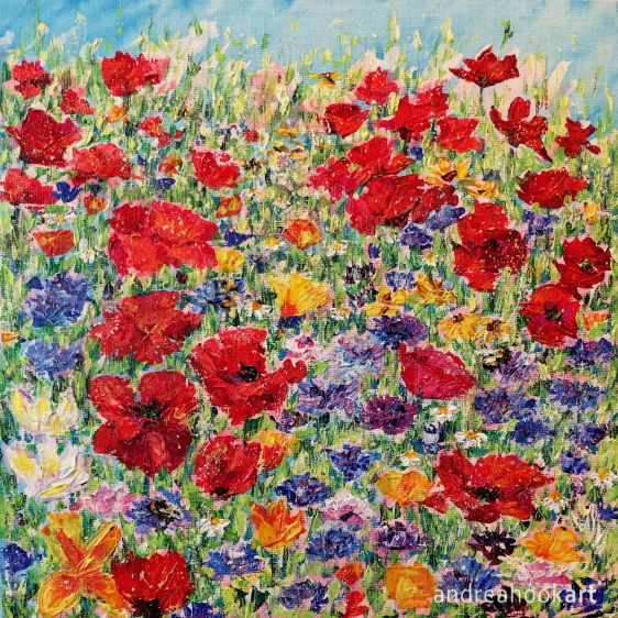 A painting of wildflowers with three bumble bees amongst the flowers