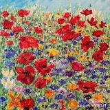 Bee Happy: Sold A painting of wildflowers with three bumble bees amongst the flowers