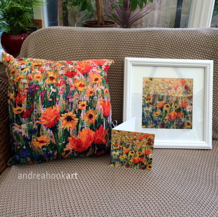 Cornflower Symphony Wildflower super soft cushion with matching framed print and card by Dorset Artist Andrea Hook