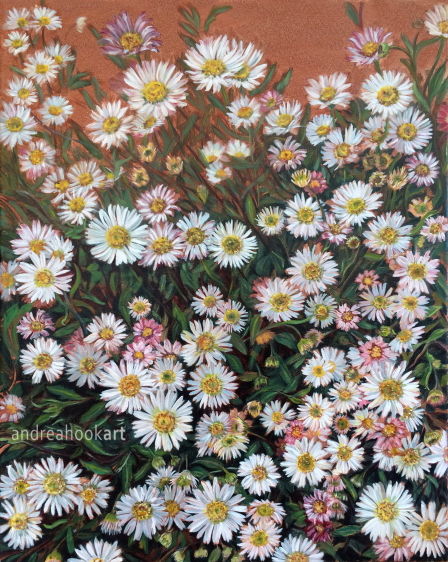 An oil painting on canvas of daisies