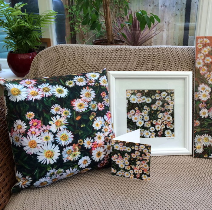 Daisy super soft cushion framed print and matching card by Dorset Artist Andrea Hook