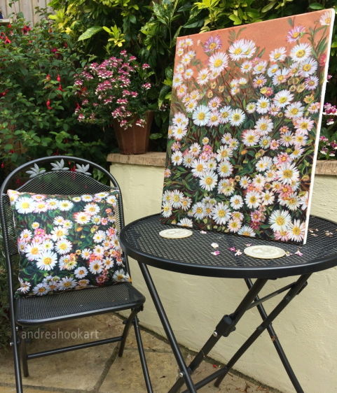 A daisy cushion with the original oil painting