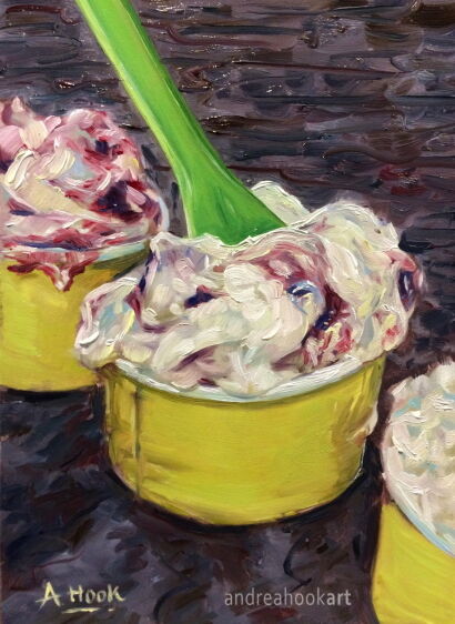 3 pots of icecream on a granite surface