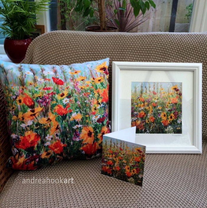 Jewel Border wildflower super soft cushion framed print and card by Dorset Artist Andrea Hook