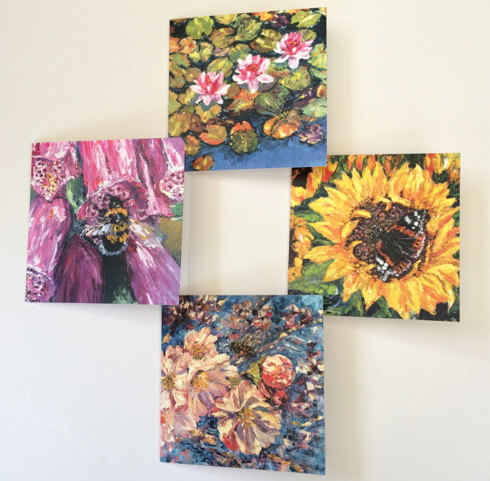 bumble bee honey bee dragonfly butterfly red admiral sunflower blossom waterlily foxglove wildflower cards