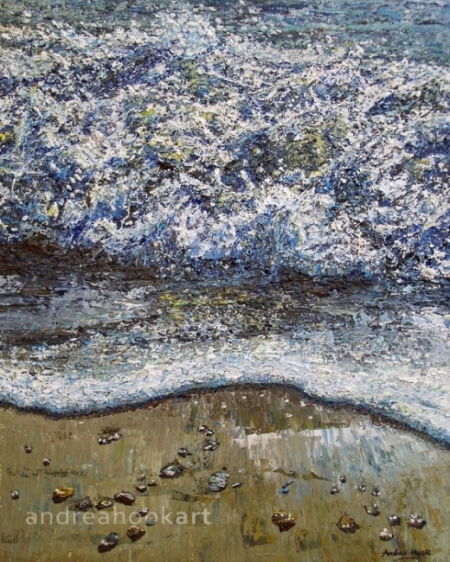 A painting of waves crashing onto a sandy beach by Dorset Artist Andrea Hook