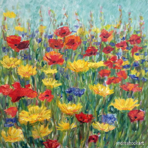 Summer Border of wildflowers painting. Painted with impasto oils.