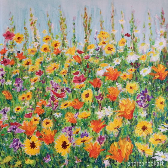 A mass of colourful wildflowers painted with acrylic paints applied with a painting knife